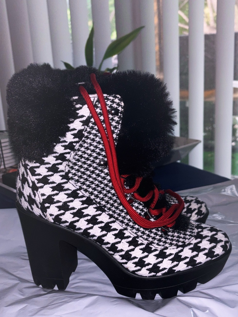 Jessica Simpson Black & White Houndstooth Platform Ankle Boots with Red Laces